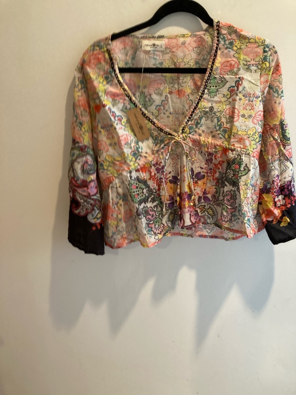 NATURAL LIFE Floral V-Neck Tie Peasant Blouse - NWT Pit 20”. Length 20”